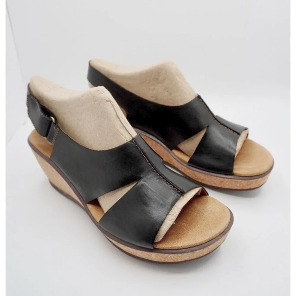 Clarks Rosemund Dune Black Leather Cork Wedge Sandals 11 M Resortwear 35-01-01
